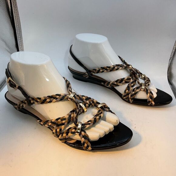 Loeffler Randal Ladies Sandals 8 Black Gold Beige Patent Leather Flats Shoes - Picture 2 of 15